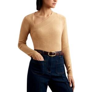 Reiss Women's Camel Long Sleeves Wool Blend Zoie Asymmetric Knit Top Size S